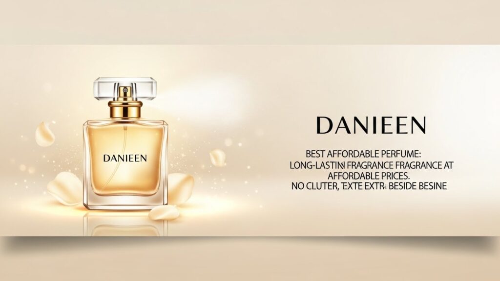 Danieen perfume bottle with a soft golden glow and floating petals, promoting the best affordable long-lasting fragrance at affordable prices.